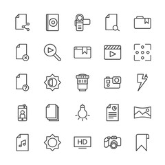 Modern Simple Set of video, photos, bookmarks, files Vector outline Icons. Contains such Icons as  tag,  cd,  high, panorama,  report, hd and more on white background. Fully Editable. Pixel Perfect.