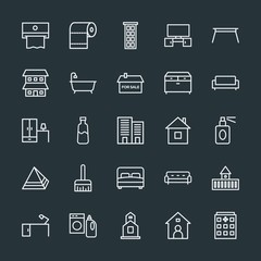 Modern Simple Set of buildings, furniture, housekeeping Vector outline Icons. Contains such Icons as  sign, home, napkin, detergent,  modern and more on dark background. Fully Editable. Pixel Perfect.
