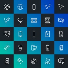 Modern Simple Set of mobile, video, photos, cursors Vector outline Icons. Contains such Icons as  photo,  empty, card,  hand and more on dark and gradient background. Fully Editable. Pixel Perfect.