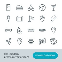 Modern Simple Set of food, location, drinks Vector outline Icons. Contains such Icons as  glass,  sweet, location,  food,  martini,  wine and more on white background. Fully Editable. Pixel Perfect.