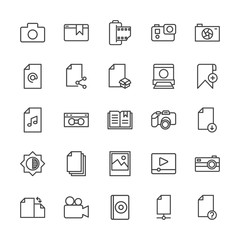 Modern Simple Set of video, photos, bookmarks, files Vector outline Icons. Contains such Icons as  disc,  compact,  action,  retro,  lens and more on white background. Fully Editable. Pixel Perfect.