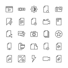 Modern Simple Set of video, photos, bookmarks, files Vector outline Icons. Contains such Icons as music,  lens, projector,  entertainment and more on white background. Fully Editable. Pixel Perfect.