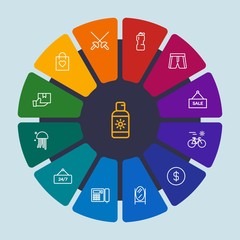 hotel, sports, shopping, travel Infographic Circle outline Icons Set. Contains such Icons as  healthy,  summer,  bike, summer, water,  money,  home,  protection and more. Fully Editable. Pixel Perfect