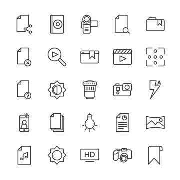 Modern Simple Set of video, photos, bookmarks, files Vector outline Icons. Contains such Icons as  tag,  cd,  high, panorama,  report, hd and more on white background. Fully Editable. Pixel Perfect.