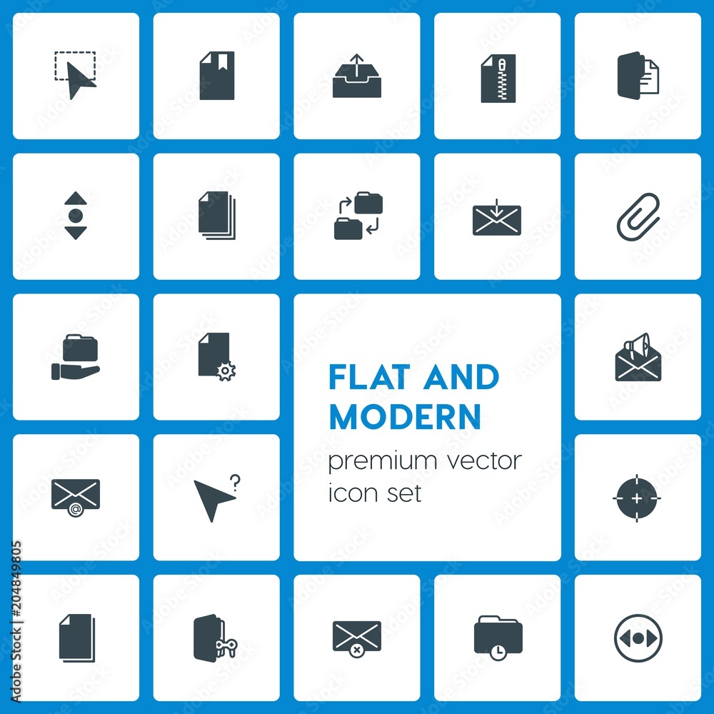 Poster modern simple set of folder, cursors, files, email vector fill icons. contains such icons as cursor,