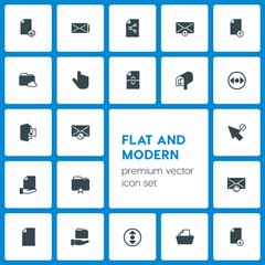 Modern Simple Set of folder, cursors, files, email Vector fill Icons. Contains such Icons as  paper, download,  letter,  network, upload,  and more on dark background. Fully Editable. Pixel Perfect