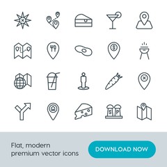 Modern Simple Set of food, location, drinks Vector outline Icons. Contains such Icons as map,  vegetable,  pin,  spice,  piece,  cocktail and more on white background. Fully Editable. Pixel Perfect.