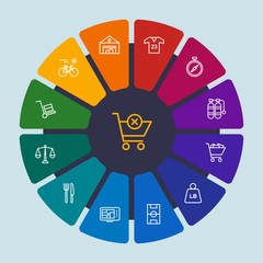 hotel, sports, shopping, travel Infographic Circle outline Icons Set. Contains such Icons as  fashion,  postal,  road, gps,  east, mail,  race, soccer,  weight and more. Fully Editable. Pixel Perfect