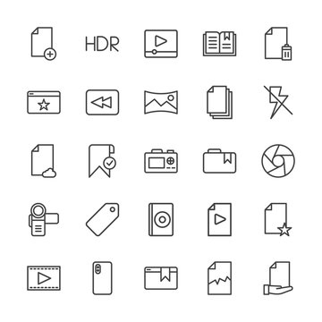 Modern Simple Set of video, photos, bookmarks, files Vector outline Icons. Contains such Icons as  open, movie,  add,  corrupt, remove, add and more on white background. Fully Editable. Pixel Perfect.