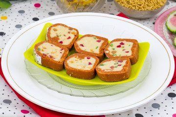 Indian Sweet Colourful Mawa Peda Also know as pedha or peday Indian Popular Sweet Food Made up of Mawa, Milk and Sugar