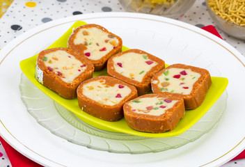 Indian Sweet Colourful Mawa Peda Also know as pedha or peday Indian Popular Sweet Food Made up of Mawa, Milk and Sugar