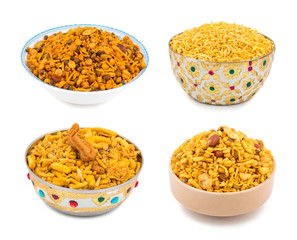 Collage of Indian Namkeen Food Crunchy Mixture or Sev in Vintage Bowl isolated on White Background