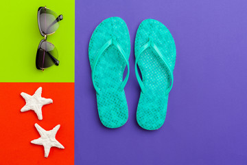 Summer holiday background, Beach accessories on color block background