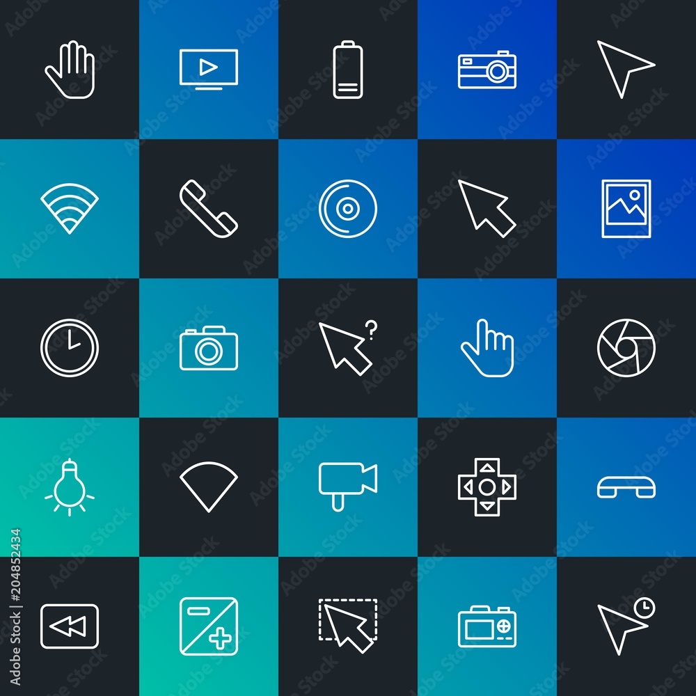 Poster modern simple set of mobile, video, photos, cursors vector outline icons. contains such icons as pla
