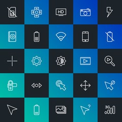 Modern Simple Set of mobile, video, photos, cursors Vector outline Icons. Contains such Icons as  background,  tv,  technology and more on dark and gradient background. Fully Editable. Pixel Perfect.