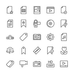 Modern Simple Set of video, photos, bookmarks, files Vector outline Icons. Contains such Icons as  file, image, movie,  photography, double and more on white background. Fully Editable. Pixel Perfect.