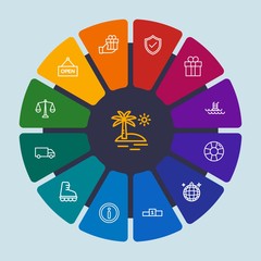 hotel, sports, shopping, travel Infographic Circle outline Icons Set. Contains such Icons as delivery,  nature, gift, party,  internet,  swimming, information and more. Fully Editable. Pixel Perfect