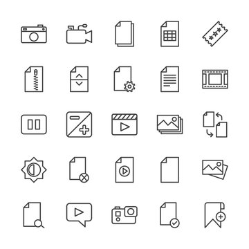 Modern Simple Set of video, photos, bookmarks, files Vector outline Icons. Contains such Icons as  data, message, add,  photo,  zip,  paper and more on white background. Fully Editable. Pixel Perfect.