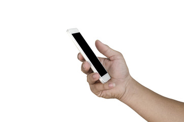 hand holding smartphone isolated on white clipping path inside