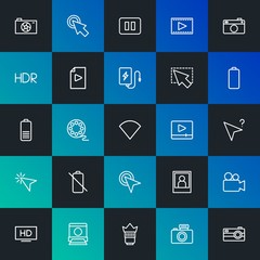 Modern Simple Set of mobile, video, photos, cursors Vector outline Icons. Contains such Icons as  hand,  entertainment,  media and more on dark and gradient background. Fully Editable. Pixel Perfect.