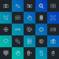 Modern Simple Set of mobile, video, photos, cursors Vector outline Icons. Contains such Icons as  back,  phone,  concept, hand and more on dark and gradient background. Fully Editable. Pixel Perfect.