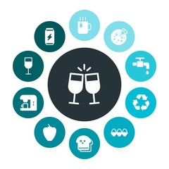 food, nature, drinks Infographic Colorful fill Icons Set. Contains such Icons as sweet,  clink,  environment,  celebration,  tea,  background,  container,  save and more. Fully Editable. Pixel Perfect