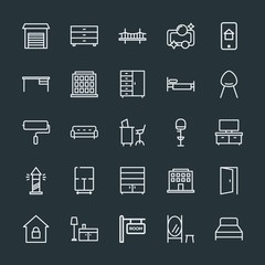 Modern Simple Set of buildings, furniture, housekeeping Vector outline Icons. Contains such Icons as  open, furniture, background,  road and more on dark background. Fully Editable. Pixel Perfect.
