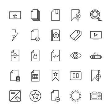 Modern Simple Set of video, photos, bookmarks, files Vector outline Icons. Contains such Icons as movie,  photo, camera,  favorite, stop and more on white background. Fully Editable. Pixel Perfect.