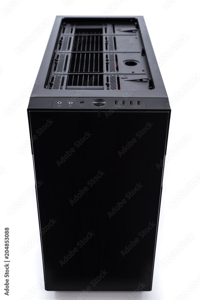 Poster computer box with hardware game console behind white background