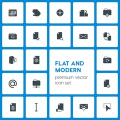 Modern Simple Set of folder, cursors, files, email Vector fill Icons. Contains such Icons as  interface,  rotation, mail,  pointer,  date and more on dark background. Fully Editable. Pixel Perfect