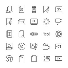 Modern Simple Set of video, photos, bookmarks, files Vector outline Icons. Contains such Icons as  data, business, camera,  scroll, video and more on white background. Fully Editable. Pixel Perfect.