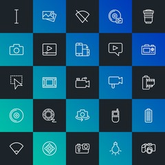 Modern Simple Set of mobile, video, photos, cursors Vector outline Icons. Contains such Icons as  power,  lens,  cameraman,  no and more on dark and gradient background. Fully Editable. Pixel Perfect.