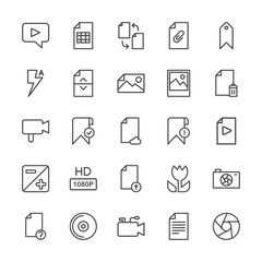 Modern Simple Set of video, photos, bookmarks, files Vector outline Icons. Contains such Icons as sheet,  music,  document,  internet, file and more on white background. Fully Editable. Pixel Perfect.