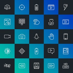 Modern Simple Set of mobile, video, photos, cursors Vector outline Icons. Contains such Icons as  photo,  phone,  arrow,  back and more on dark and gradient background. Fully Editable. Pixel Perfect.