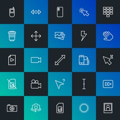 Modern Simple Set of mobile, video, photos, cursors Vector outline Icons. Contains such Icons as  technology,  summer, camera and more on dark and gradient background. Fully Editable. Pixel Perfect.