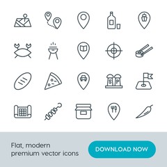 Modern Simple Set of food, location, drinks Vector outline Icons. Contains such Icons as  location, crab,  fresh, sea,  glass,  ingredient and more on white background. Fully Editable. Pixel Perfect.