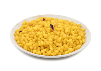 Indian Traditional Sweet Boondi or Bundi is a Popular Delicious Dish Made of Chickpea Flour isolated on White Background