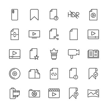 Modern Simple Set of video, photos, bookmarks, files Vector outline Icons. Contains such Icons as  dual,  paper,  sign,  check,  download and more on white background. Fully Editable. Pixel Perfect.