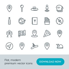 Modern Simple Set of food, location, drinks Vector outline Icons. Contains such Icons as  breakfast, bread,  pointer,  transportation, road and more on white background. Fully Editable. Pixel Perfect.