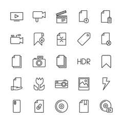 Modern Simple Set of video, photos, bookmarks, files Vector outline Icons. Contains such Icons as  technology,  flash, player,  disk,  cd and more on white background. Fully Editable. Pixel Perfect.