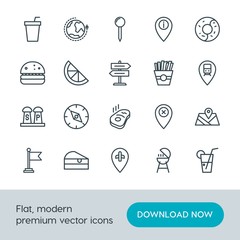 Modern Simple Set of food, location, drinks Vector outline Icons. Contains such Icons as barbecue, information,  direction,  world,  banner and more on white background. Fully Editable. Pixel Perfect.