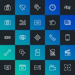 Modern Simple Set of mobile, video, photos, cursors Vector outline Icons. Contains such Icons as card,  technology, movie,  sim and more on dark and gradient background. Fully Editable. Pixel Perfect.