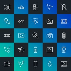 Modern Simple Set of mobile, video, photos, cursors Vector outline Icons. Contains such Icons as  wireless,  mobile,  home,  4g and more on dark and gradient background. Fully Editable. Pixel Perfect.