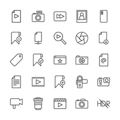 Modern Simple Set of video, photos, bookmarks, files Vector outline Icons. Contains such Icons as  music,  video,  shot,  cameraman, ,  add and more on white background. Fully Editable. Pixel Perfect.