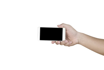 hand holding smartphone isolated on white clipping path inside
