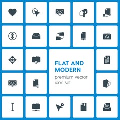 Modern Simple Set of folder, cursors, files, email Vector fill Icons. Contains such Icons as  business,  technology, inbox,  file,  box,  and more on dark background. Fully Editable. Pixel Perfect