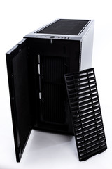 Fototapeta premium Computer box with hardware Game console behind white background