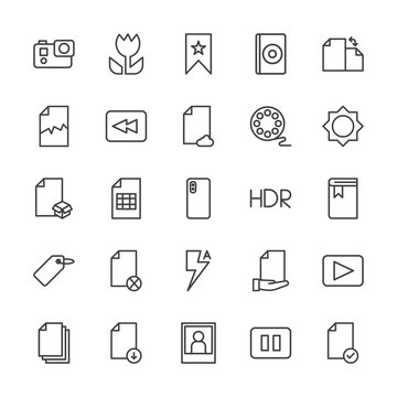 Modern Simple Set of video, photos, bookmarks, files Vector outline Icons. Contains such Icons as  game,  element, internet,  rotation, dvd and more on white background. Fully Editable. Pixel Perfect.