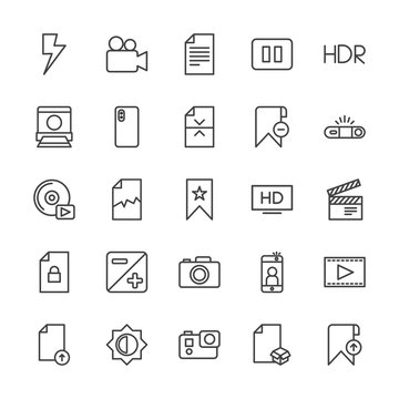 Modern Simple Set of video, photos, bookmarks, files Vector outline Icons. Contains such Icons as upload,  film,  internet, light,  mobile and more on white background. Fully Editable. Pixel Perfect.