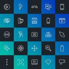 Modern Simple Set of mobile, video, photos, cursors Vector outline Icons. Contains such Icons as  charge,  signal,  phone,  usb and more on dark and gradient background. Fully Editable. Pixel Perfect.